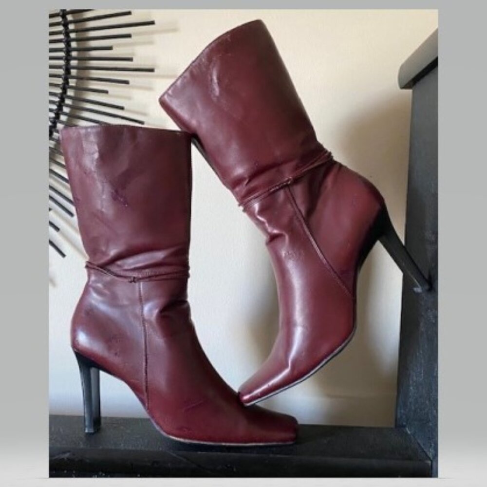 Maroon High Heel Square Toe Boots